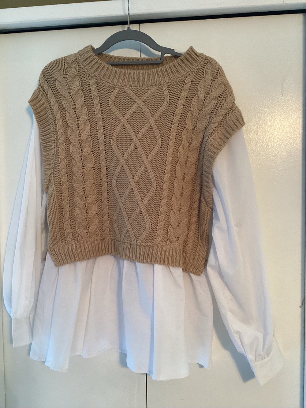 Francesca's Collections Tan Cable-Knit Sleeveless Crewneck Vest